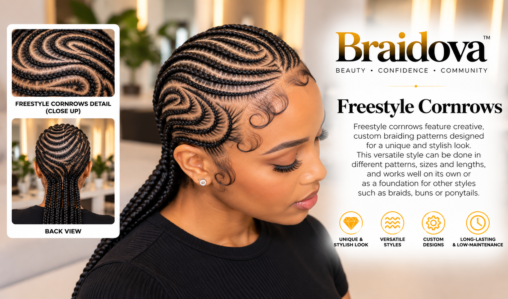 Freestyle Cornrows - Braidova visual reference